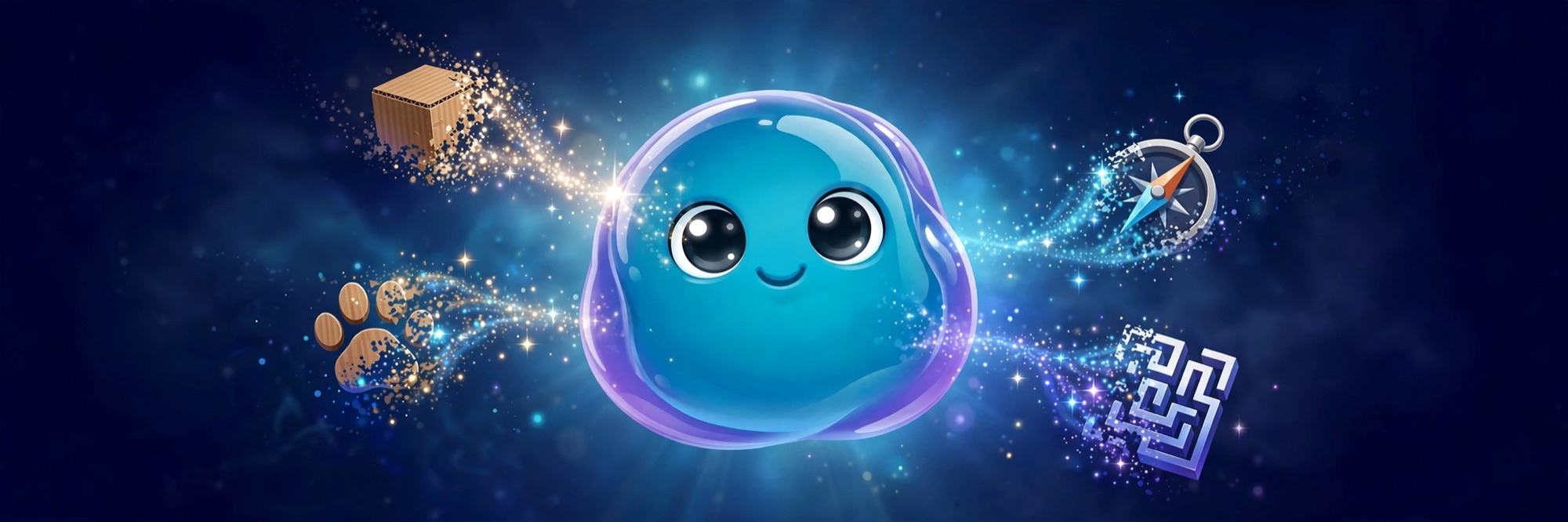 Doku, the studio's blue mascot, surrounded by symbols from our games